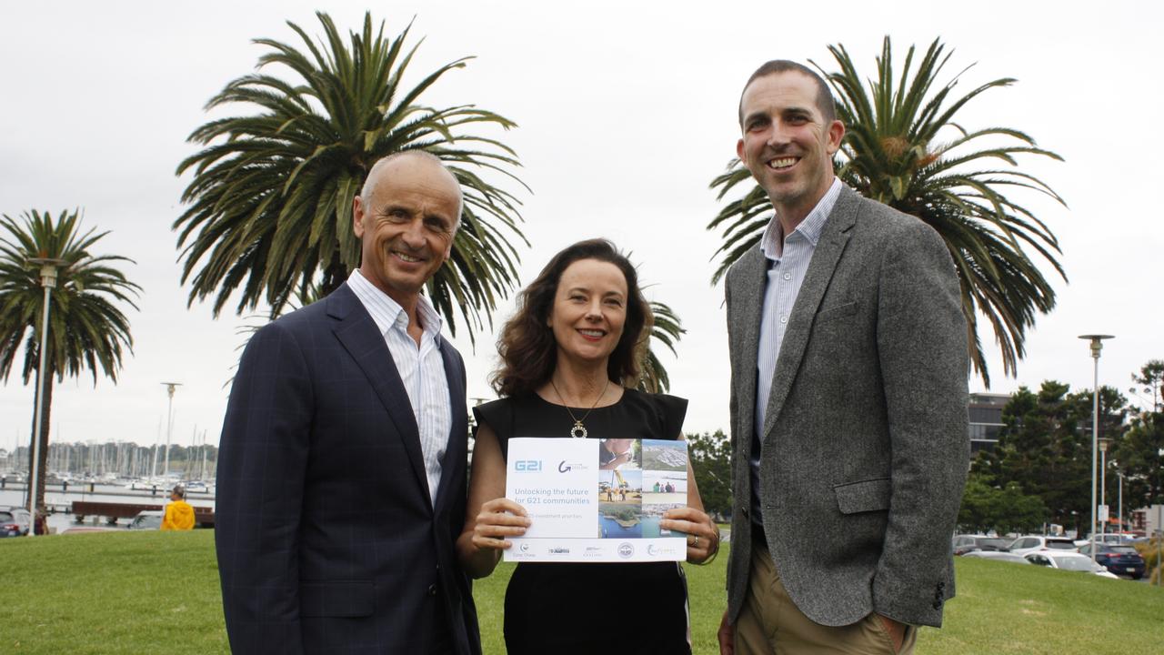 Geelong mayor Stretch Kontelj, G21 chief executive Giulia Baggio and Committee for Geelong chief executive Michael Johnston. Picture: Supplied