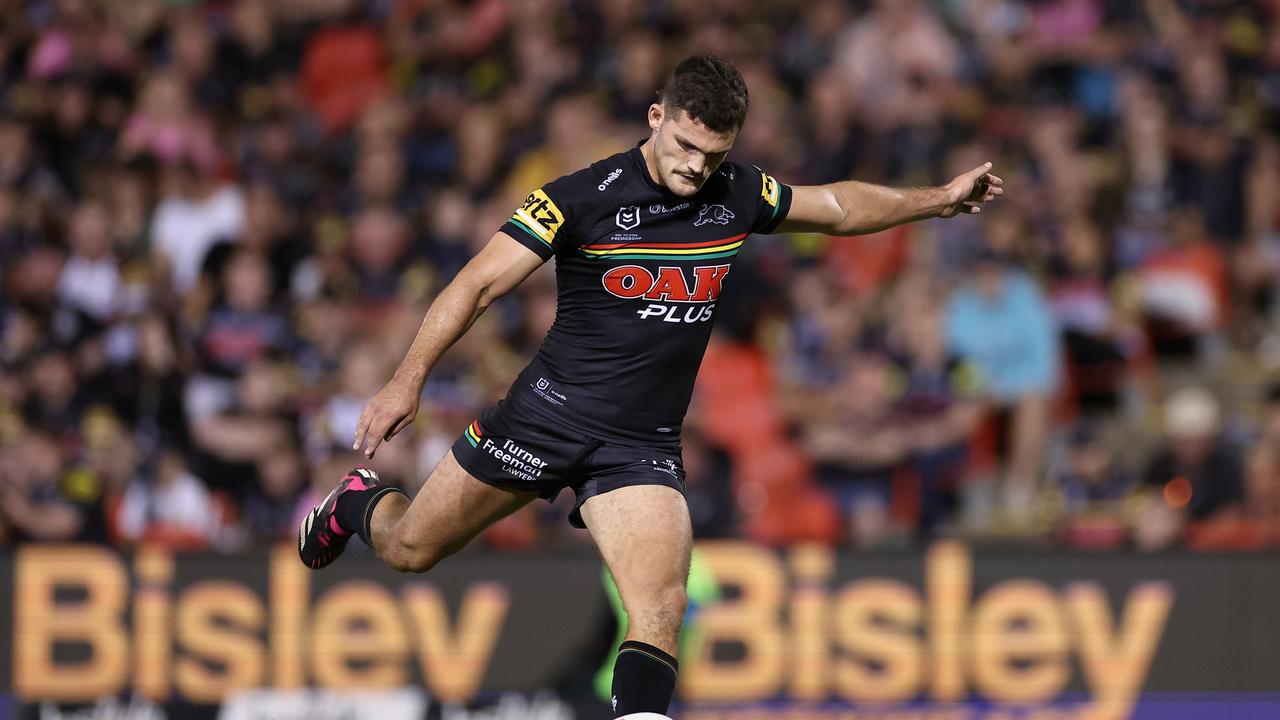 Nathan Cleary came back on and kicked in the second half, but he’ll be sent for scans to determine the extent of his ankle injury. Picture; Cameron Spencer/Getty Images