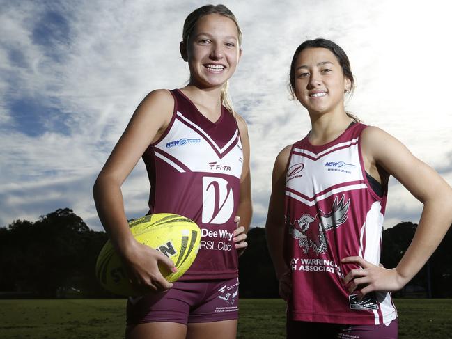 Manly Warringah under 16 girls touch football team have won the junior state cup 6 years running. Pictured is (left) Kate Ryan 14 and Mya Geros 14.