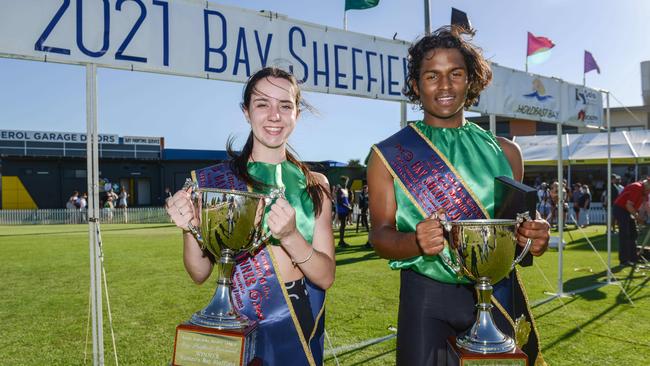 2021 Bay Sheffield 120m women's and men's Gift finals winners Chloe Kinnersly and Javon Brijmohan at Glenelg Oval. Picture: Brenton Edwards