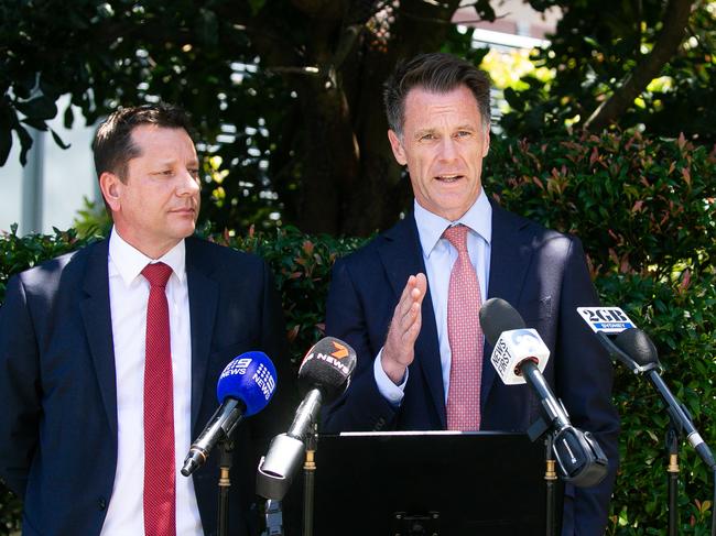 SYDNEY, AUSTRALIA : NewsWire Photos - NOVEMBER 25 2024; Chris Minns, Premier of New South Wales and Paul Scully, Minister for Planning and Public Spaces, address the media in a press conference at Sydney Parliament house to make an announcement about the Transport Oriented Development Accelerated Program. Picture: NewsWire / Gaye Gerard