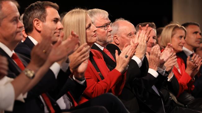 Past and present serving members of the Labor Party applaud as Anthony Albanese concludes his speech during the Labor Party election campaign launch in Perth.