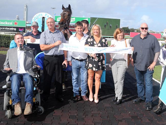 Gold Coast race meeting at Aquis Park. Photo of race number 3, number 8, CHIEF COMMAND. Jockey is Alannah Fancourt. Trainer is David Scanes. Part owner Perry Cross was very happy with the win. Photo by Richard Gosling