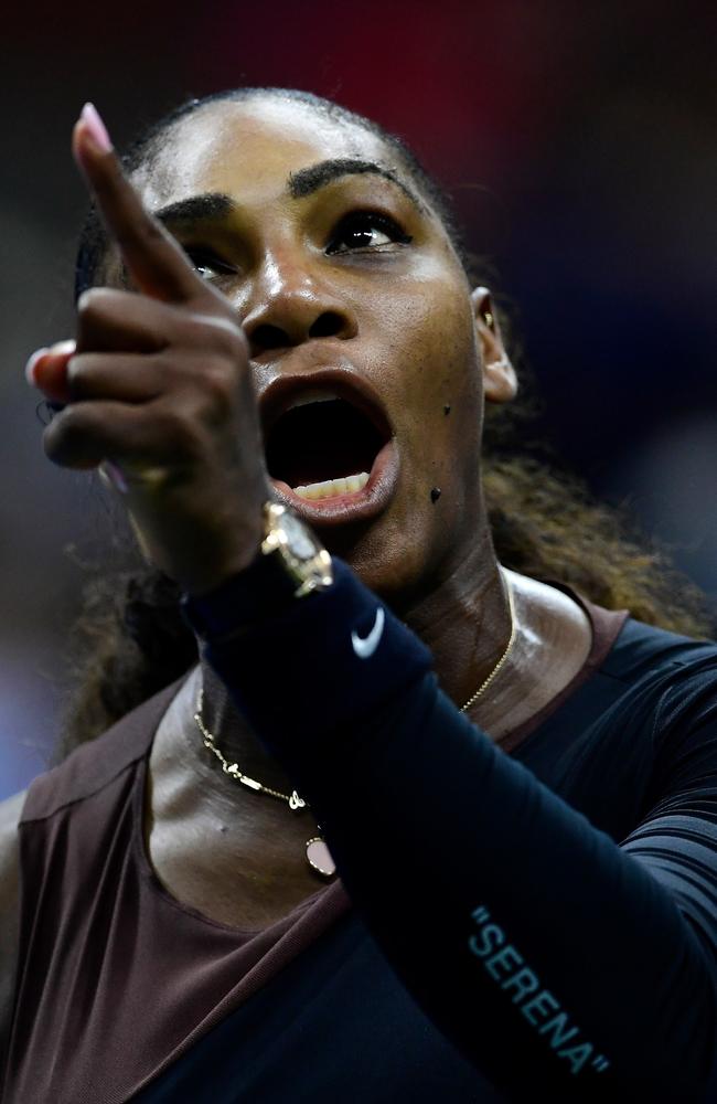 Serena Williams argues with umpire Carlos Ramos during her Women's Singles finals match against Naomi Osaka of Japan. Picture: Getty