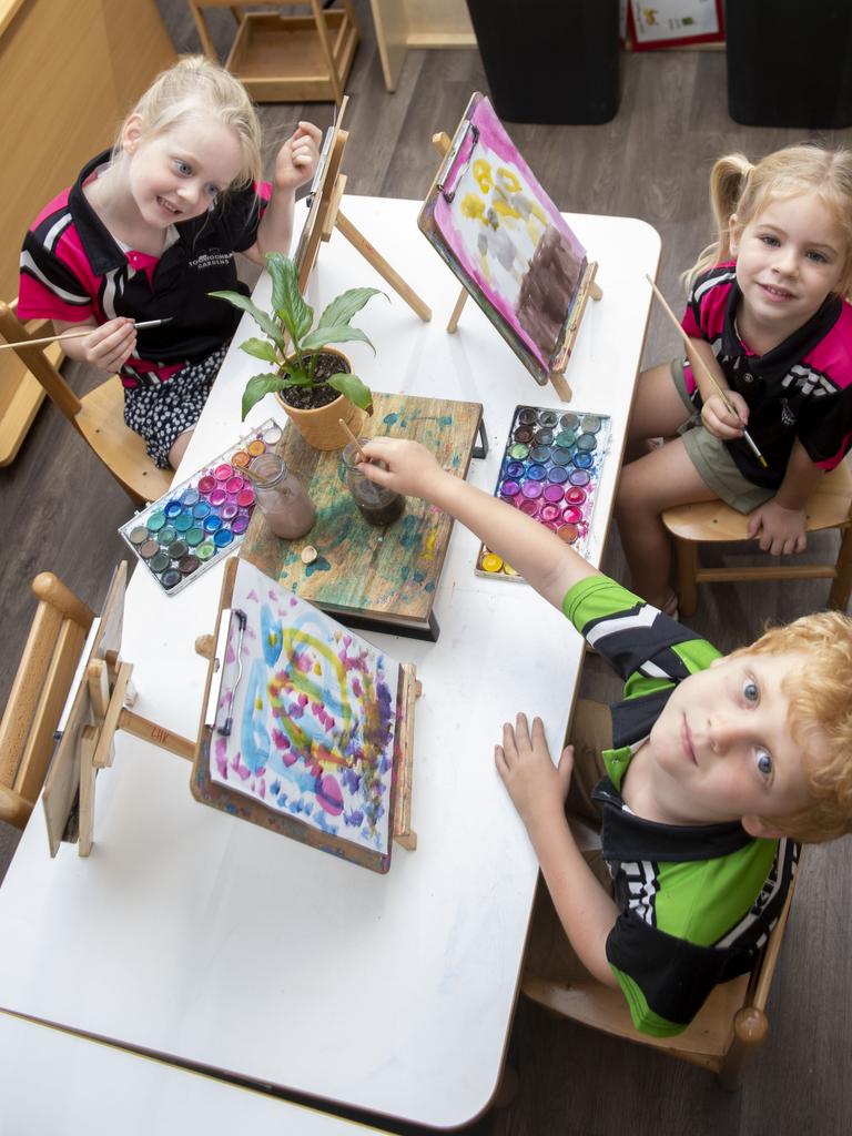 Olivia Parmiter, Brooklyn Forsyth with Reid Lord (in front). Toowoomba Gardens Early Learning Centre. Monday, December 6, 2021. Picture: Nev Madsen.