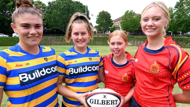 Barker College has entered into an agreement with Sydney University to help develop the next generation of female rugby sevens stars. Barker students Piper Duck, Ashleigh Coghill, Emma Vandervelde and Audrey Keating.