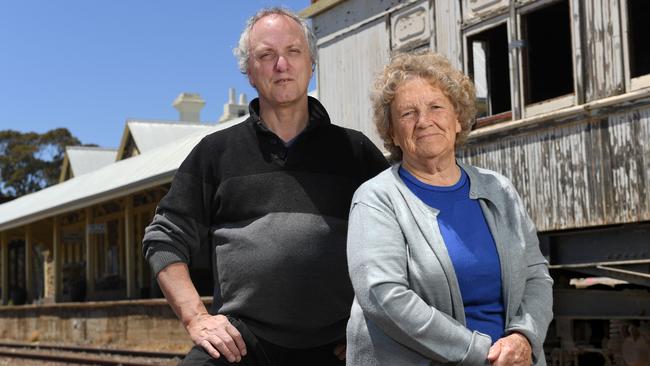 SA Regional Rail Alliance spokesman Paul Henley with Burra resident Maureen Bevan at the Burra Railway Station. Photo Naomi Jellicoe