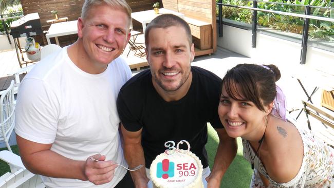 Ben Hannant, Dan Anstey and Heather Maltman celebrating 90.9 Sea Fm’s 30th birthday in March.