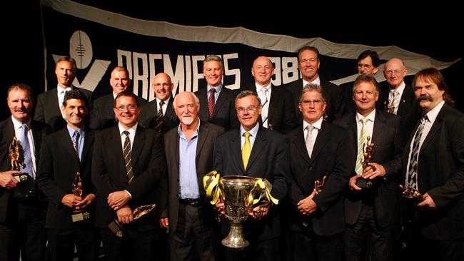 Members of the Richmond 1980 premiership team gather for a lunch in Melbourne in 2009: (front row from left) Emmett Dunne, Greg Strachan, Barry Rowlings, Tony Jewell (coach), Francis Bourke, Merv Keane, Geoff Raines, David Cloke, (back row) Bryan Wood, Michael Roach, Dale Weightman, Stephen Mount, Robert Wiley, Bruce Monteath (captain), Daryl Freame, Kevin Bartlett.