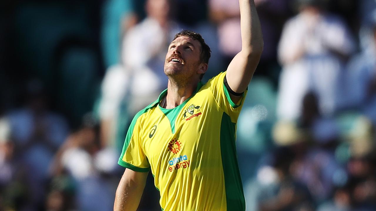 Australia's Aaron Finch celebrates his century.