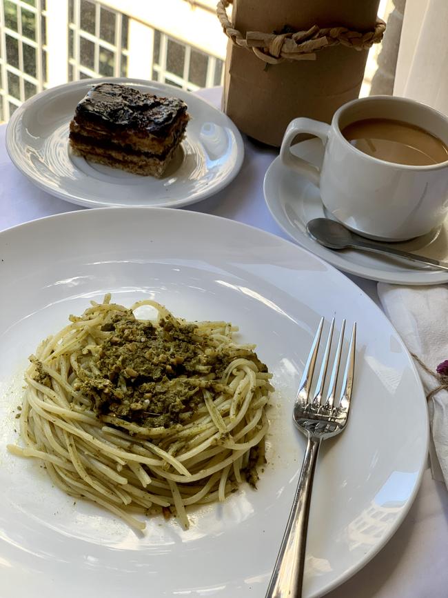 Pesto pasta with dessert.