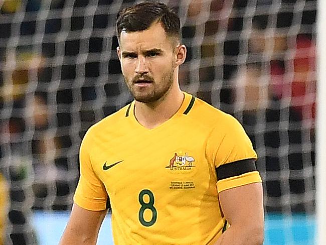 Bailey Wright of Socceroos is seen shortly after Brazil scored a goal during the international friendly between Australia and Brazil at the MCG in Melbourne, Tuesday, June 13, 2017. (AAP Image/Julian Smith) NO ARCHIVING, EDITORIAL USE ONLY