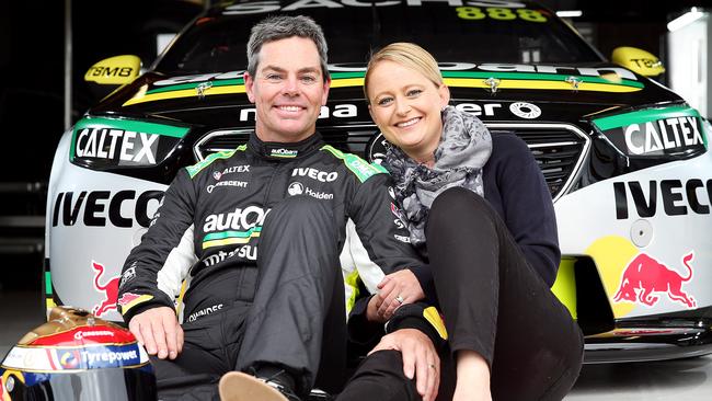 Supercars driver Craig Lowndes with wife Lara at Mt Panorama. Picture: Tim Hunter.