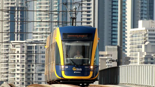 The Gold Coast tram on the Southport Bridge. Picture: Mike Batterham