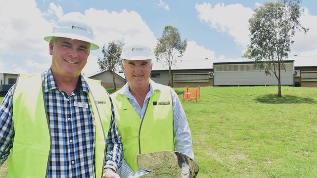 Starting work on a new two-storey learning building at Glenvale Christian School are (from left) Newlands general manager John Ryan and principal Brett Munro.