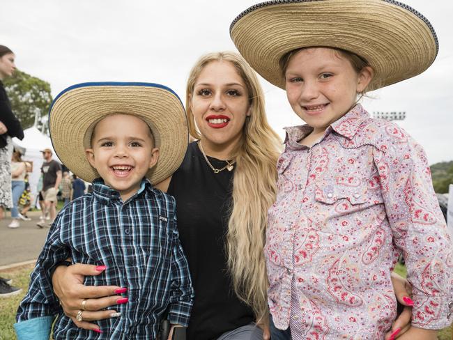 Skye Georgiu with her kids Kai-Luca Collins and Melody Owen-Woods at the Toowoomba Royal Show, Saturday, April 1, 2023. Picture: Kevin Farmer