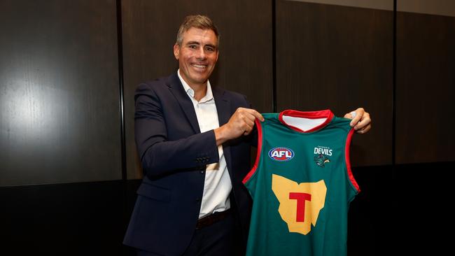 Matthew Richardson poses with The Tasmania Devils inaugural jumper during the Tasmania Football Club Launch at Paranaple Convention Centre on March 18, 2024 in Devonport, Australia. Photo: Michael Willson/AFL