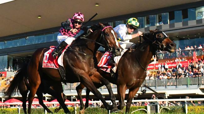 Sunshine In Paris (right) edges out local hero Rothfire in the Group 1 Doomben 10,000. Picture: Trackside Photography