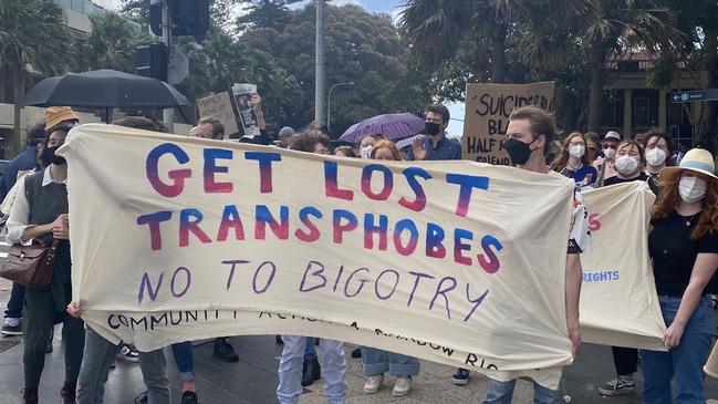 LGBT activists held a rally outside Hotel Steyne at The Corso in Manly to protest Warringah Liberal candidate Katherine Deves following her resurfaced anti-transgender tweets. Picture: Dana Pendrick