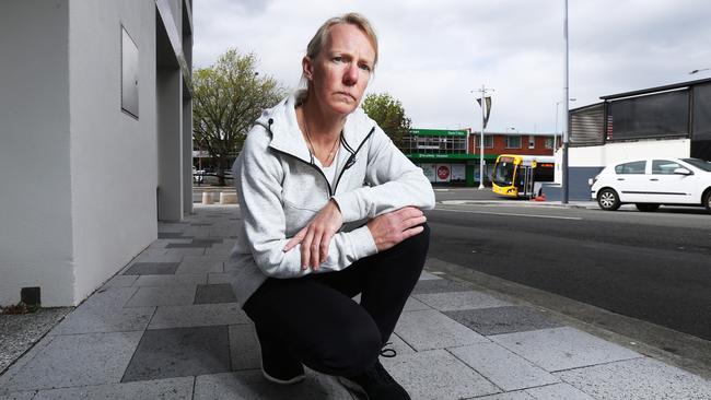 Jane Clarke on a footpath in Gregory St, Sandy Bay, where her elderly mother was viciously attacked by a dog last week. Picture: ZAK SIMMONDS