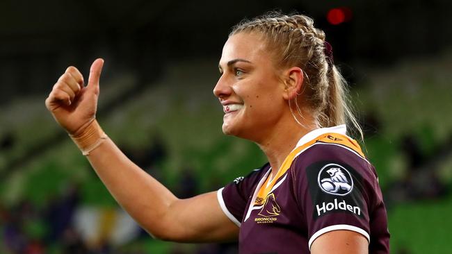 Kody House celebrates her try for the Broncos against the Warriors at AAMI Park. Picture: Getty Images