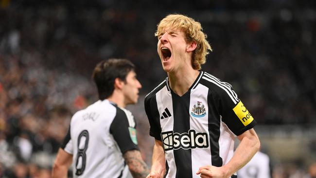 Anthony Gordon celebrates scoring during the second leg.