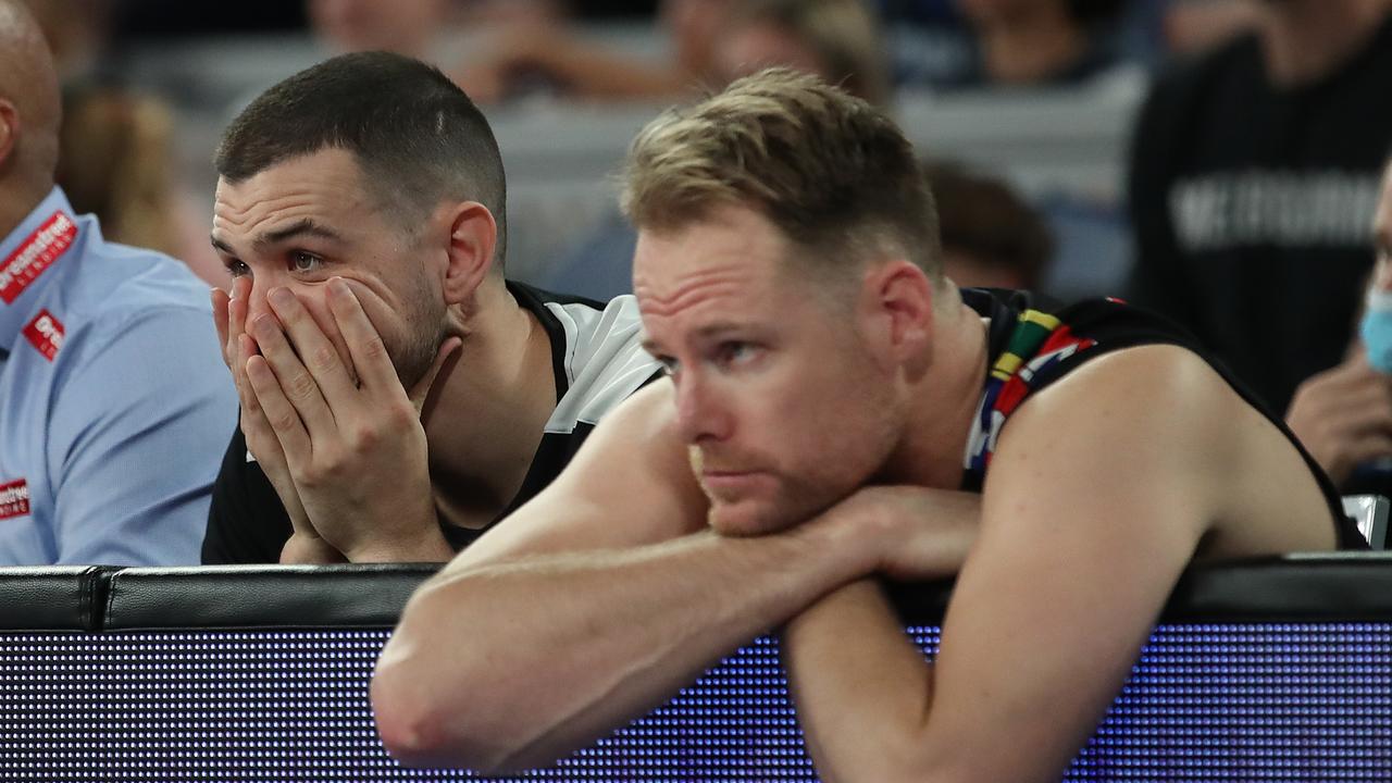 United stars Chris Goulding and Brad Newley watching on as the game slipped away. Picture: Graham Denholm/Getty Images