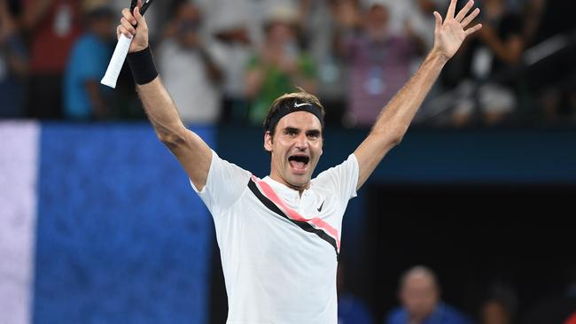 Roger Federer celebrates his win.