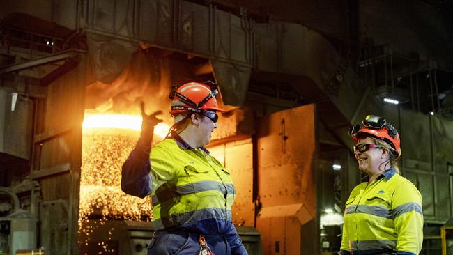 Ruby O’Driscoll and Gill Smillie at BlueScope Steel manufacturing plant in Port Kembla. Picture: Nikki Short