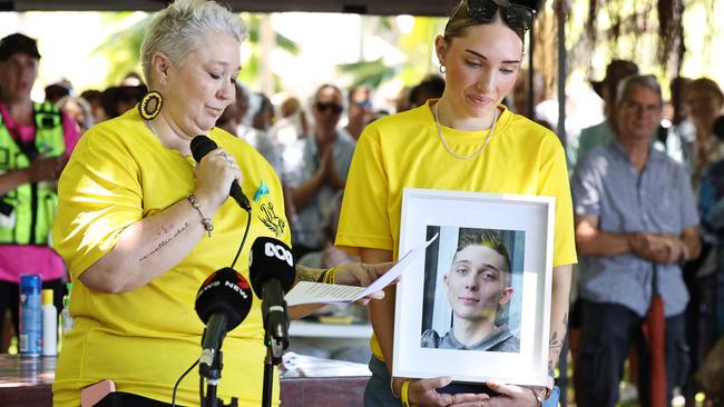 Mother and sister of stabbing victim Declan Laverty, Samara Laverty and Bridget Laverty speak at the Rally for Justice protest, organised in response to the sickening crime of an alleged gang rape of a woman at knifepoint in her own home on Friday, February 21. About 500 people attended the rally on the Cairns Esplanade. Picture: Brendan Radke