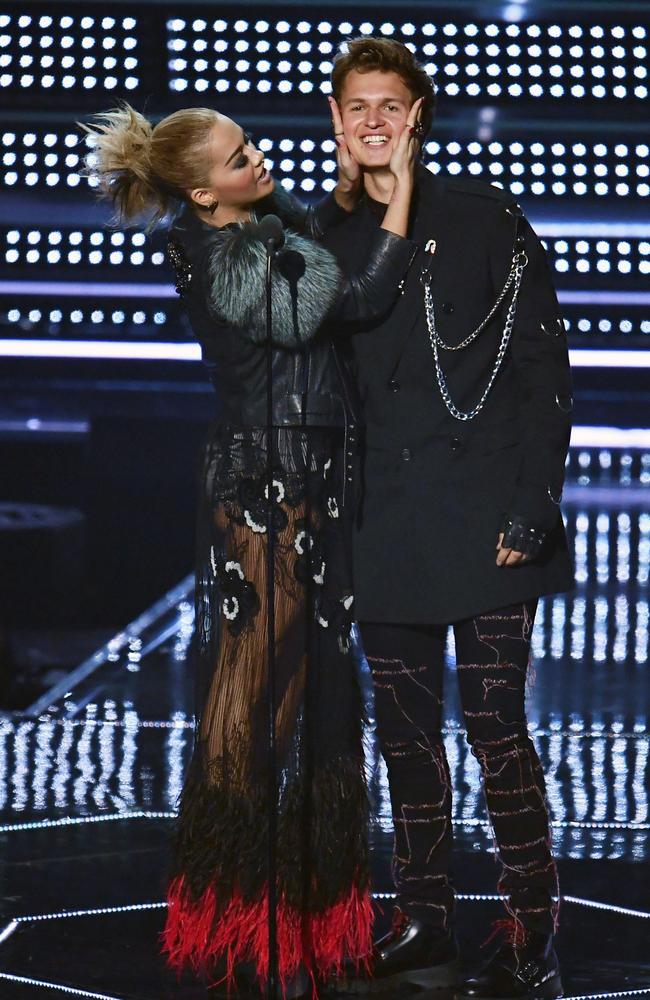 Rita Ora and Ansel Elgort present on stage during the 2016 MTV Video Music Awards at Madison Square Garden on August 28, 2016 in New York City. Picture: AFP