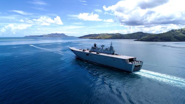 HMAS Adelaide sails towards the island of Galoa, Fiji. Picture: Dustin Anderson/Australian Department of Defence via Getty Images