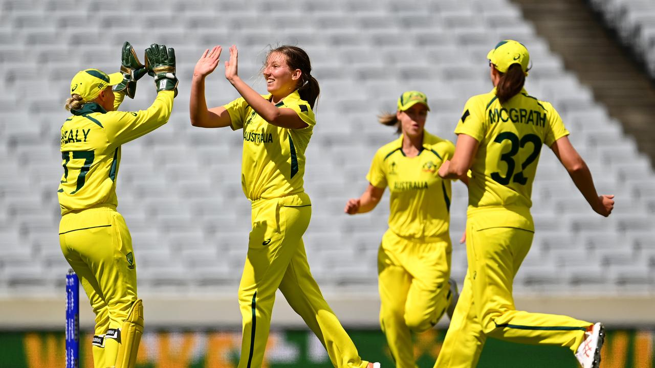 Darcie Brown celebrates the wicket of Shafali Verma. Photo by Hannah Peters/Getty Images