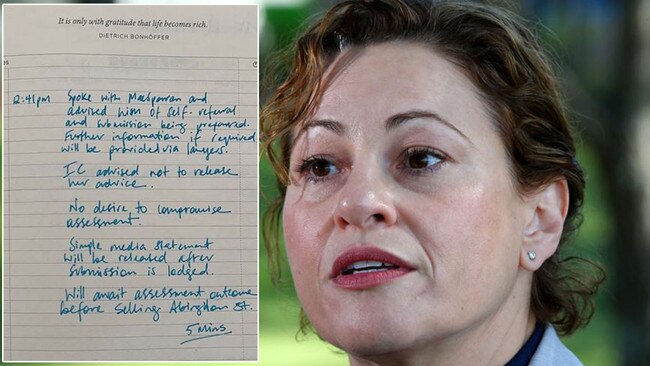 Queensland's embattled Deputy Premier Jackie Trad has publicly released a diary note detailing her "unwise" and "unusual" Sunday phone call to the boss of the state's corruption watchdog