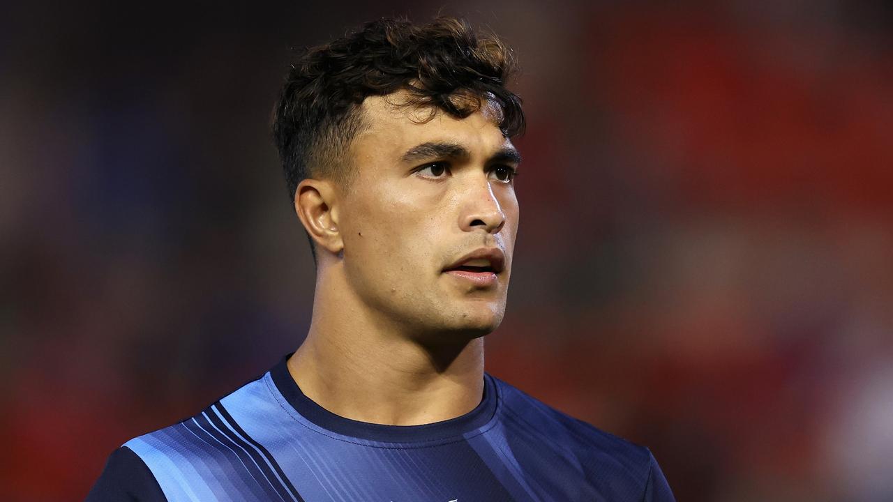 NEWCASTLE, AUSTRALIA - APRIL 11: Joseph-AukusoÃ&#130;Â Suaalii of the Roosters warms up during the round six NRL match between Newcastle Knights and Sydney Roosters at McDonald Jones Stadium, on April 11, 2024, in Newcastle, Australia. (Photo by Cameron Spencer/Getty Images)