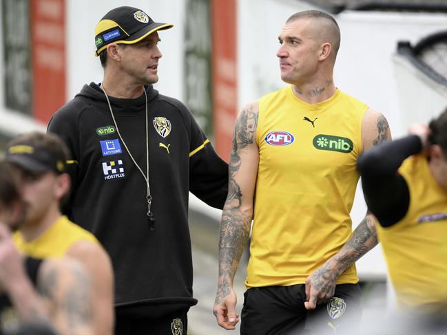 David Teague and Dustin Martin at Richmond training this year. Picture: Martin Keep/Getty Images