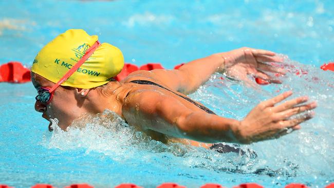 Kaylee McKeown in the butterfly leg of the women’s 400m IM heats. Photo: Getty Images