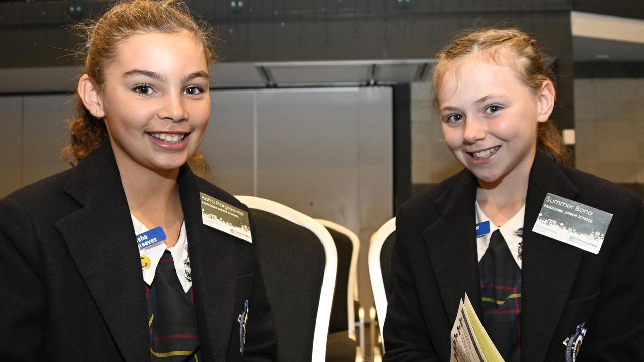 Aisha Hargreaves (left) and Summer Bone from Fairholme College at the Toowoomba regional mayor and councillor’s primary school captains and leaders morning tea at the Highfields Cultural Centre. Picture: Bev Lacey