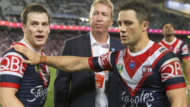 Luke Keary, Trent Robinson, coach of the Roosters and Cooper Cronk after the NRL Preliminary Final. Picture: AAP Image