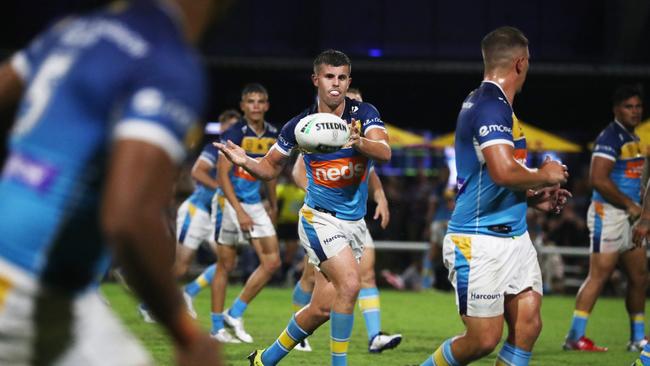 Gold Coast Titans five-eight Toby Sexton throws a pass during a pre-season trial against Burleigh Bears at Pizzey Park. February 20, 2021. Photo Jason O'Brien