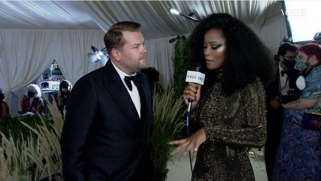 James Corden being interviewed on the Met Gala red carpet.