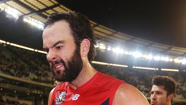 Melbourne’s Jordan Lewis after the loss to Richmond at the MCG on Wednesday night. Picture: Michael Dodge/Getty Images