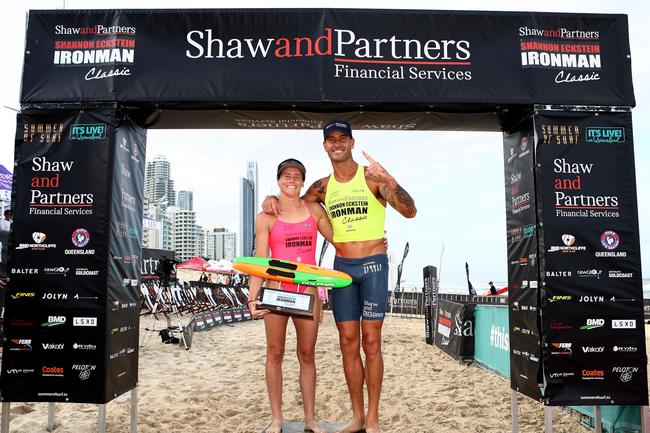 Matt Poole (right) won the open men's ironman race at the Summer of Surf Shannon Eckstein Classic at BMD Northcliffe while Hannah Sculley won the ironwoman race. Picture credit: Shane Myers 2022.
