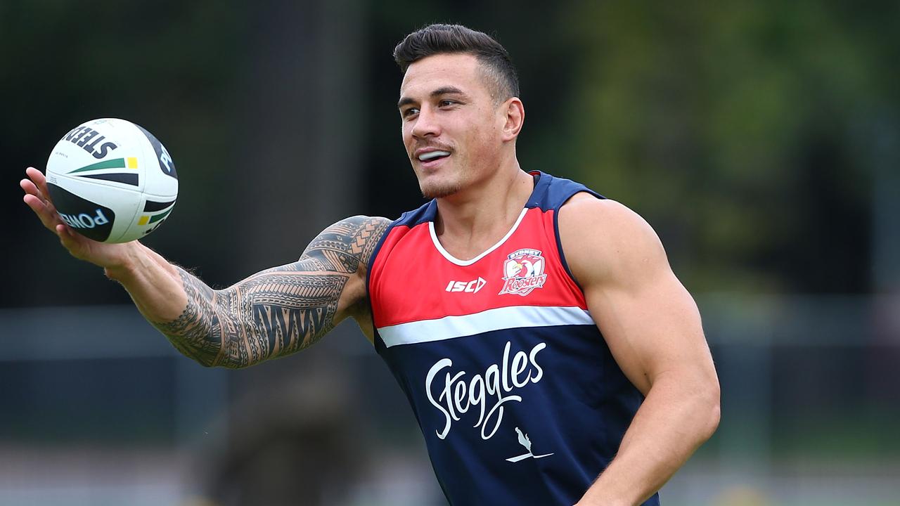 Sonny Bill Williams catches the ball during a Roosters training session