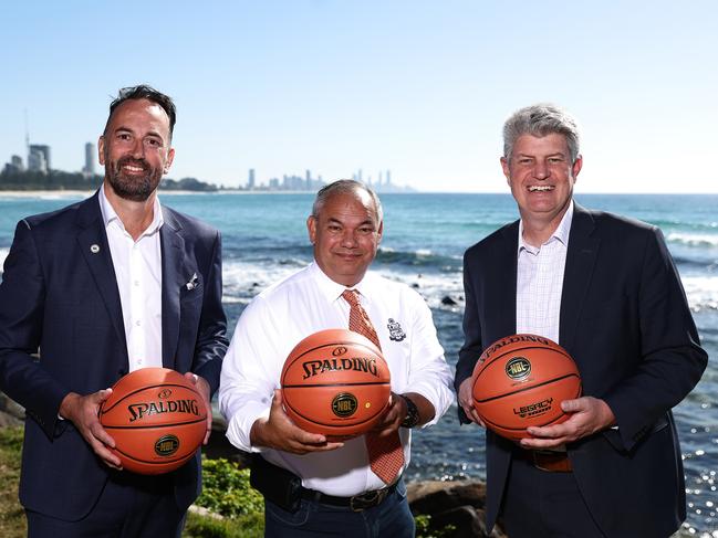 David Stevenson, Chief Executive Officer, National Basketball League, Mayor Tom Tate, City of Gold Coast and The Hon. Stirling Hinchliffe, Minister for Sport, Tourism and Innovation, Queensland Government pose at the NBL Blitz 2023 Official Launch at Burleigh Heads. Picture: Chris Hyde/Getty Images)