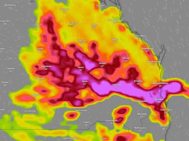 Severe storms are forecast to hit huge sections of Queensland on Saturday. Image: Windy Weather