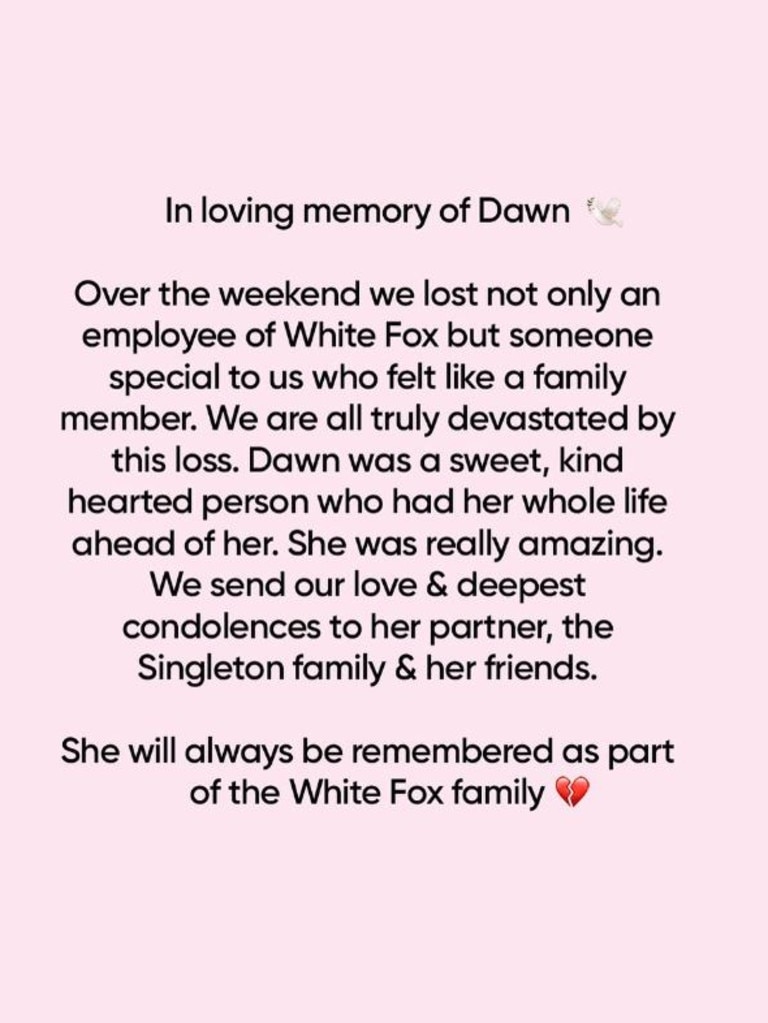 Ms Singleton's employer White Fox Boutique paid tribute to her on social media. Picture: Instagram