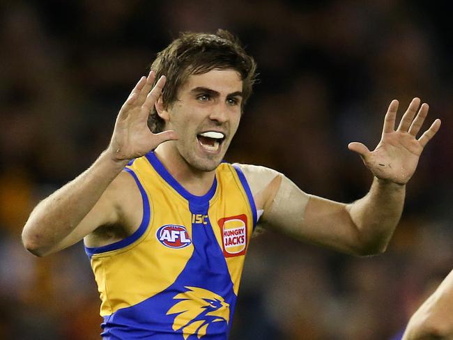 AFL Round 10. 27/05/2018. .Hawthorn v West Coast at Etihad Stadium.  West Coast's Andrew Gaff  celebrates his goal in the third quarter    . Pic: Michael Klein