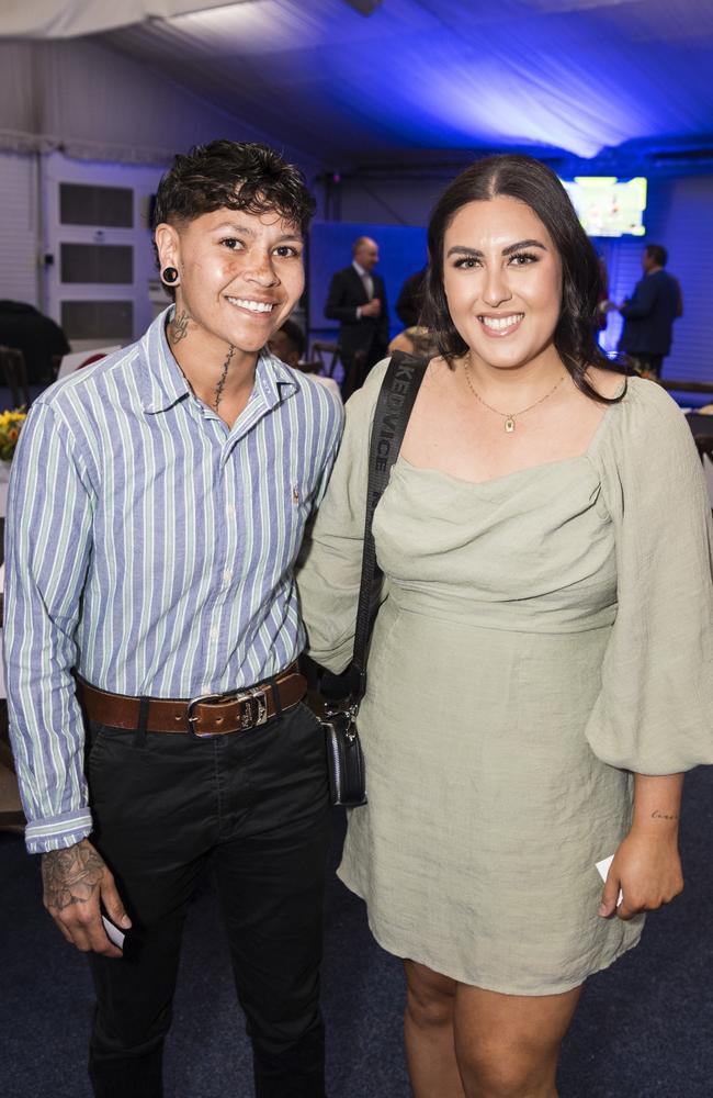 Courtney Robinson (left) and Emarie Howgego representing Gatton Hawks at the TRL awards night at Clifford Park Racecourse, Friday, September 8, 2023. Picture: Kevin Farmer