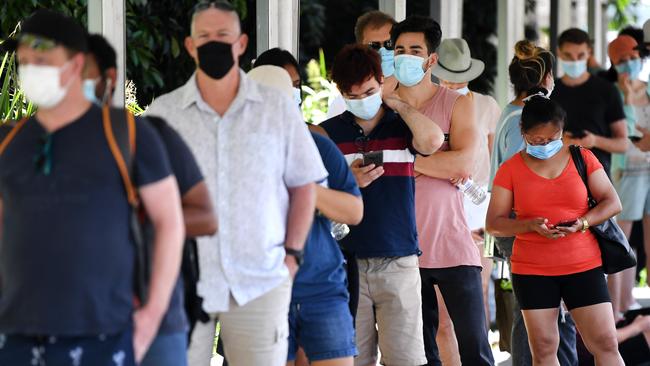 People line up for a Covid-19 test at Gold Coast University Hospital last week. Picture: NCA NewsWire / Dan Peled